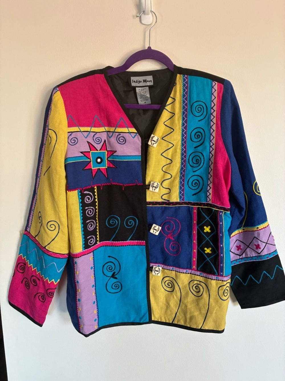 Vintage Indigo Moon Blazer Patchwork Embroidered Colorblock boho artsy